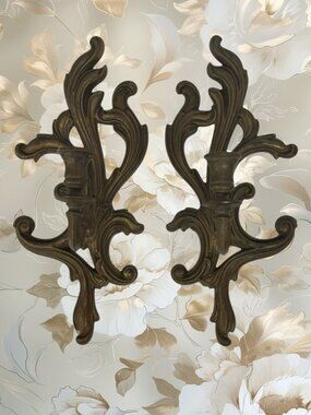 Syroco Taper Candle Wall Sconce Pair Hollywood Regency Gold Floral 4001 L 4002 R